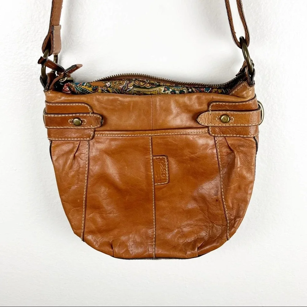 FOSSIL Brown Leather Stitched Adjustable Strap Paisley Lined Shoulder Bag Boho